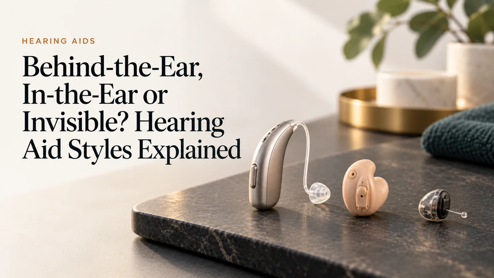 Three hearing-aid styles in a row: behind-the-ear, in-the-ear and near-invisible.