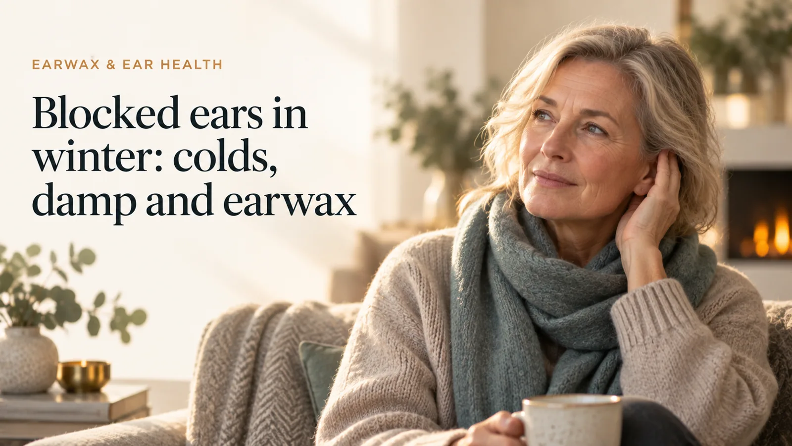 An adult wrapped in a scarf indoors, gently touching one ear.