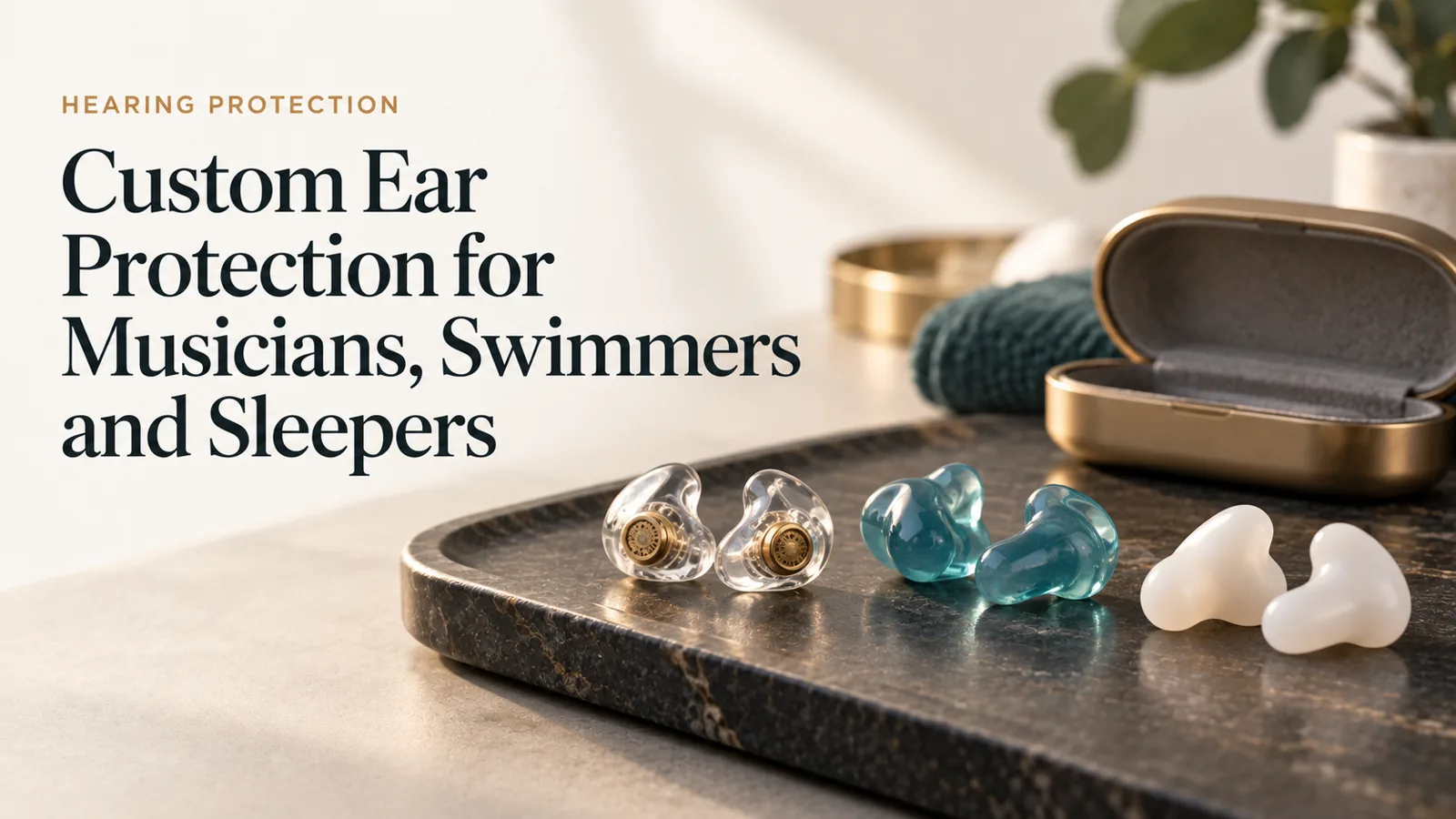 A set of custom-moulded earplugs neatly displayed.