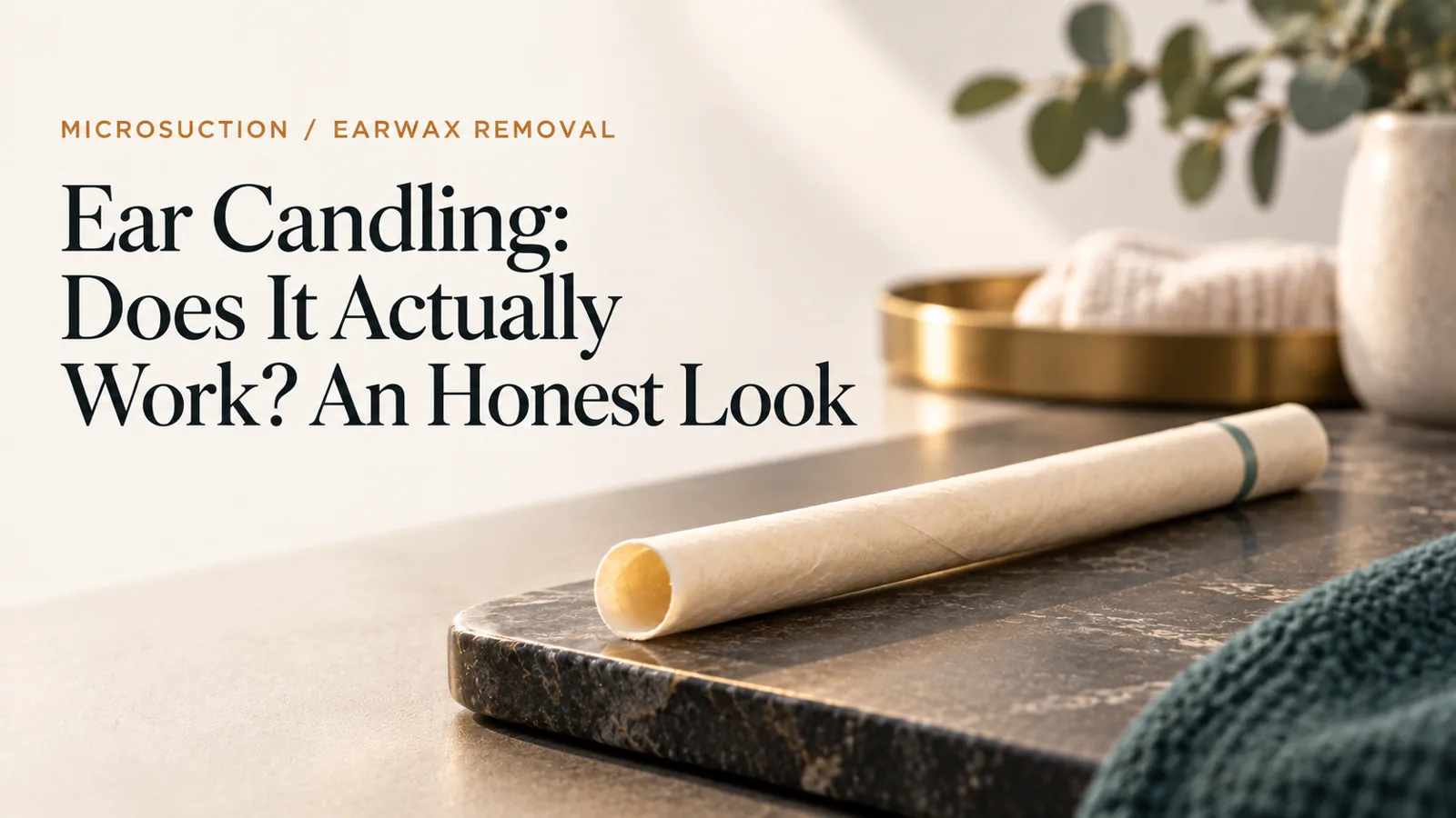 An unlit hollow ear candle lying on a plain neutral surface.