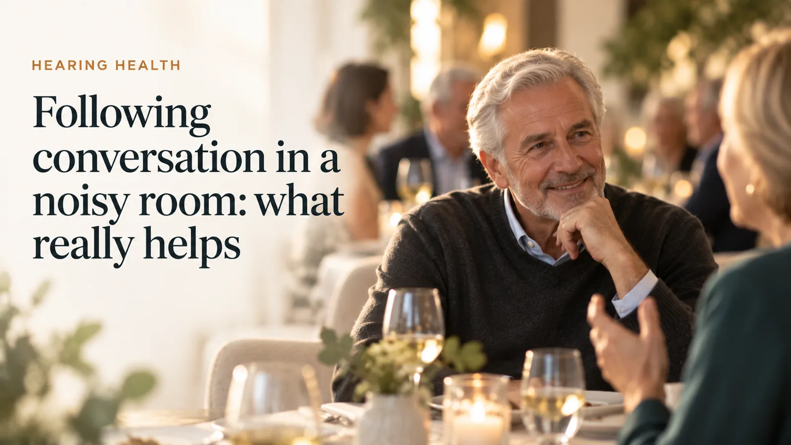 An adult focused on a companion across a table in a softly blurred, busy restaurant.