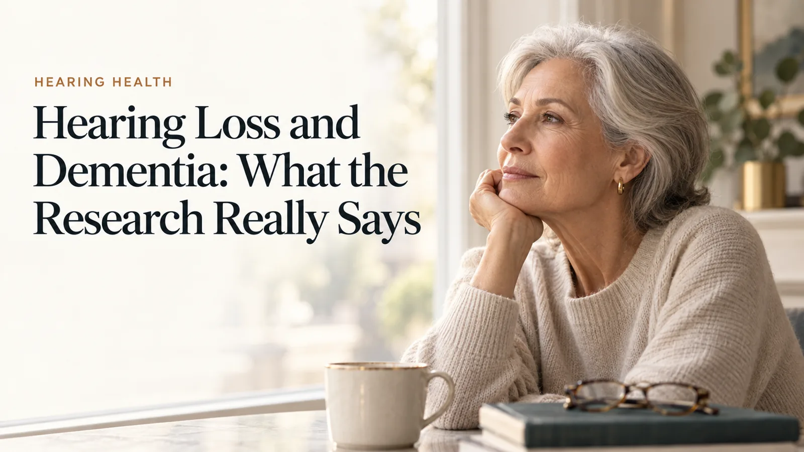 A thoughtful older woman in soft profile beside a bright window.