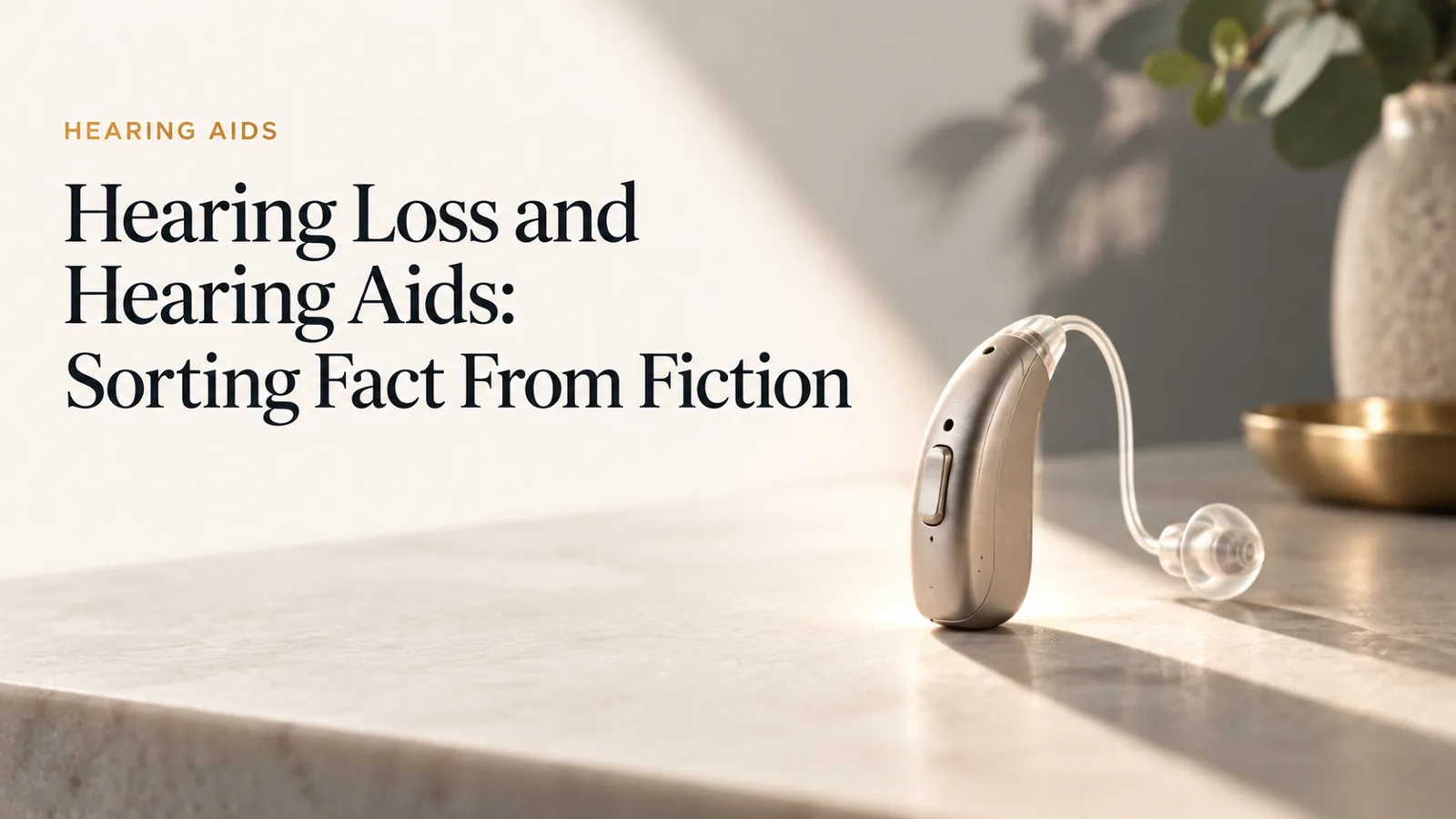 A single modern hearing aid lit in contrasting light and shadow.