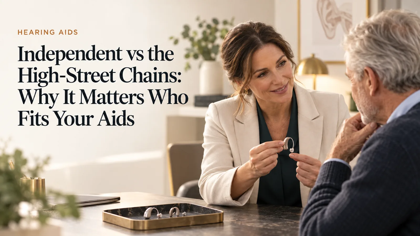 A warm one-to-one moment between an audiologist and a patient in a boutique clinic.