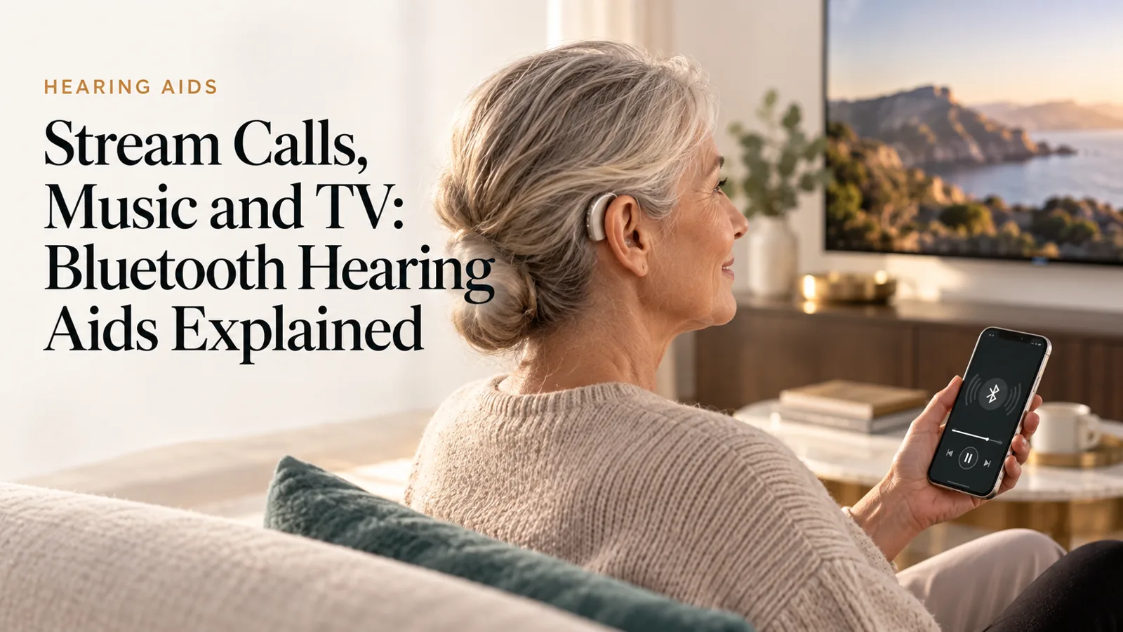 A modern hearing aid beside a smartphone, suggesting wireless streaming.