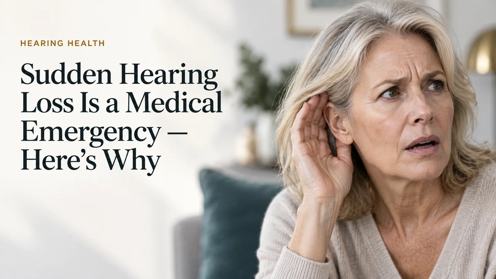 An adult cupping one ear with an alarmed, urgent expression.