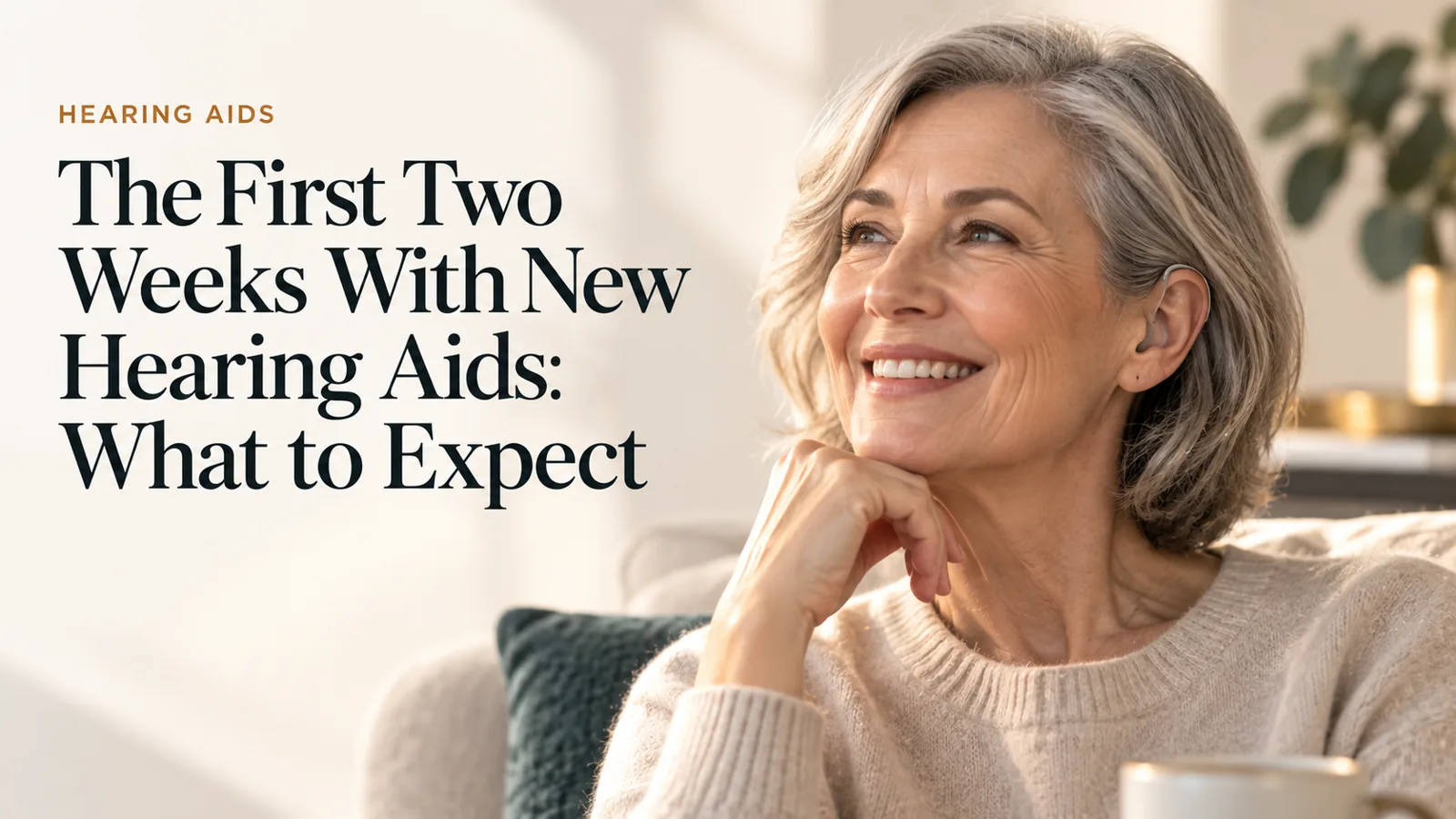 An adult smiling in gentle realisation while wearing a discreet hearing aid.