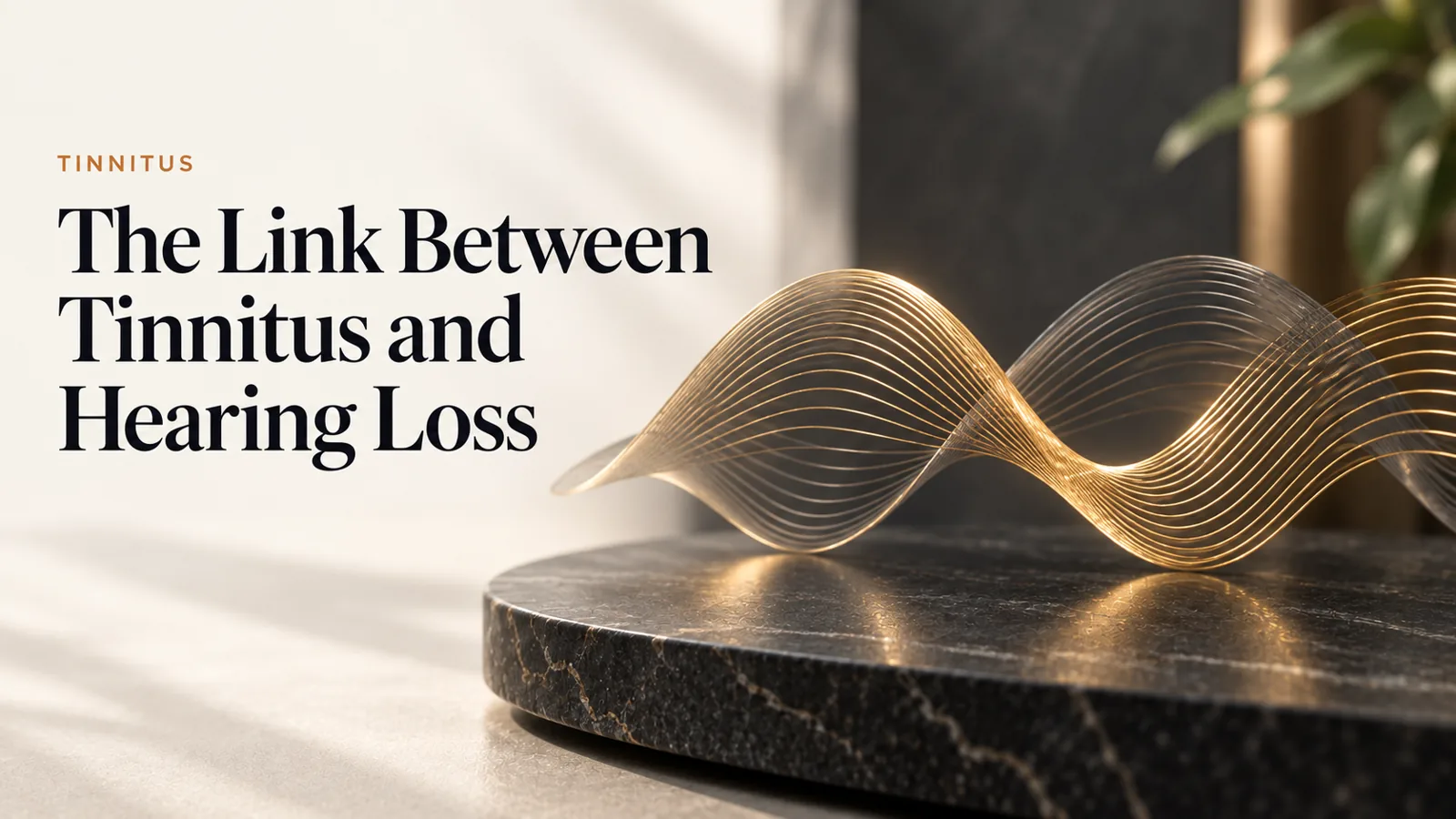 Two intertwined gold sound-wave elements on a dark ground.