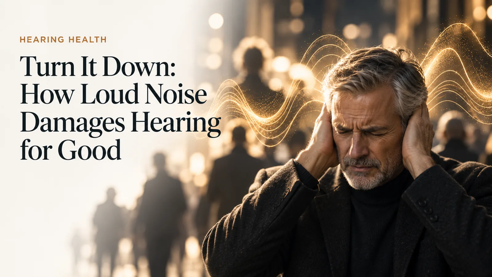 An abstract gold sound-wave motif with the silhouette of a person in a loud environment.