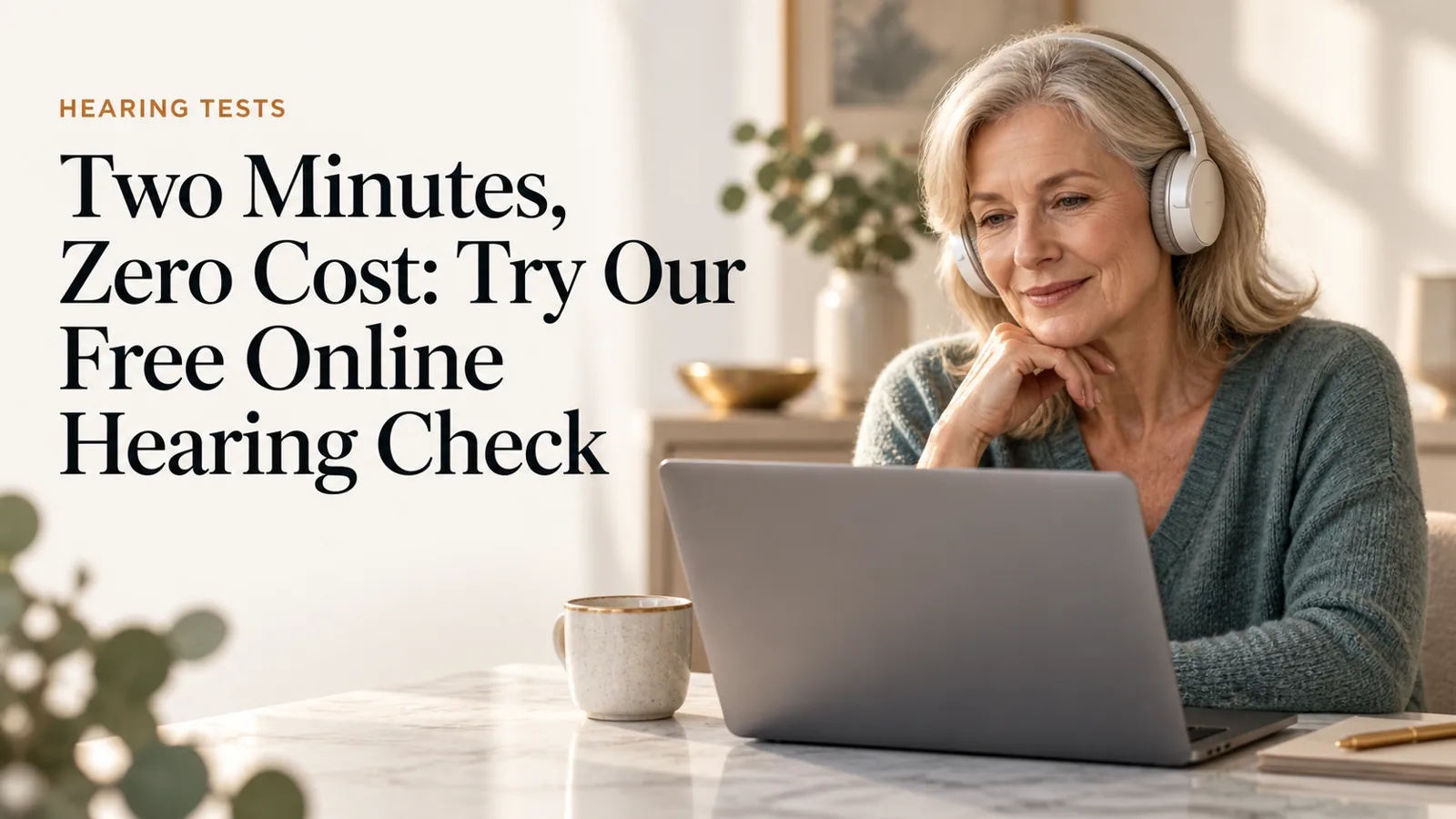 An adult at home taking a hearing check on a laptop while wearing headphones.