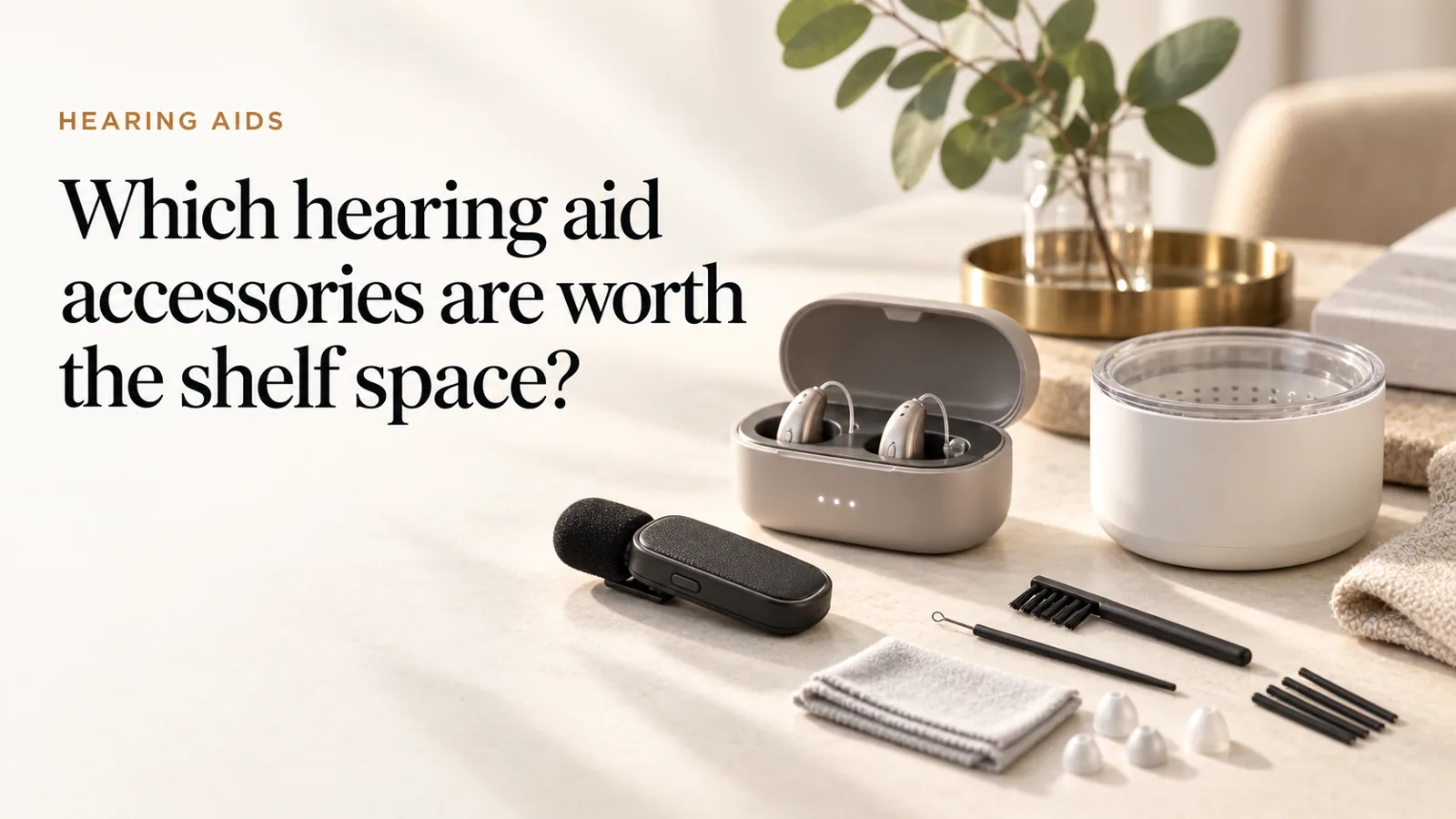A tidy flat-lay of hearing-aid accessories: charger, drying pot and cleaning tools.
