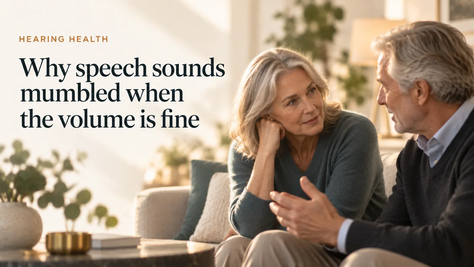Two adults talking, the listener leaning in and concentrating to catch the words.