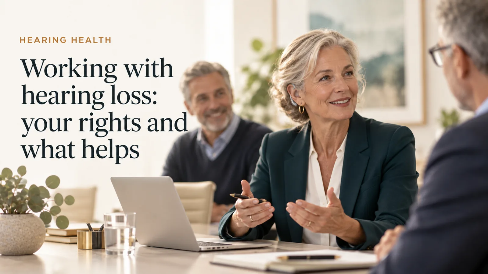 A confident adult wearing a discreet hearing aid in a bright office meeting.