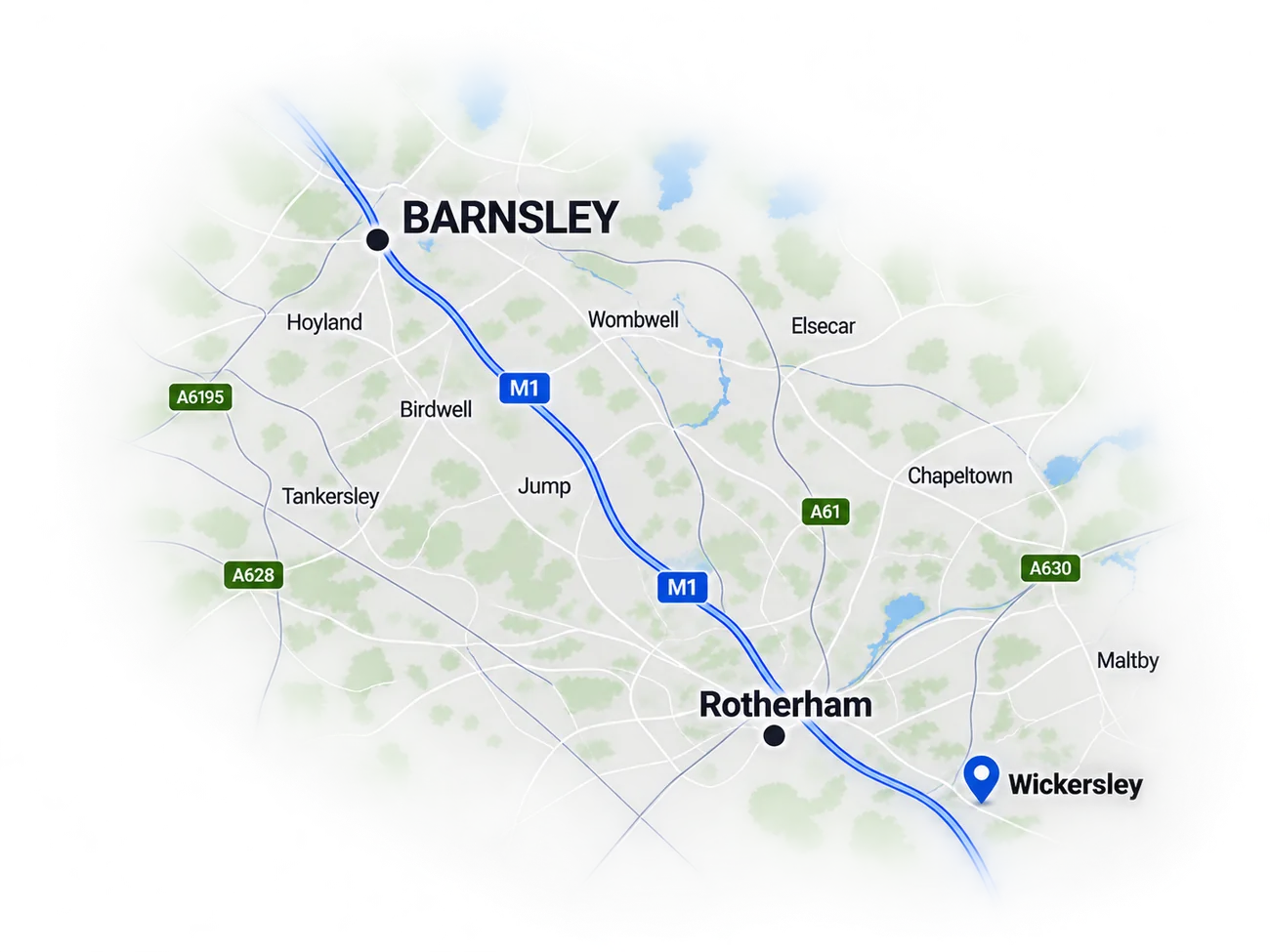 Map showing Wickersley Audiology in Wickersley, Rotherham &mdash; a short drive south down the M1 from Barnsley, Hoyland, Tankersley, Birdwell, Elsecar, Wombwell and Jump