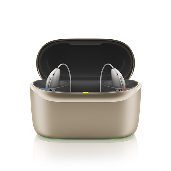 Phonak Audéo Infinio Sphere receiver-in-canal hearing aid pair with charger