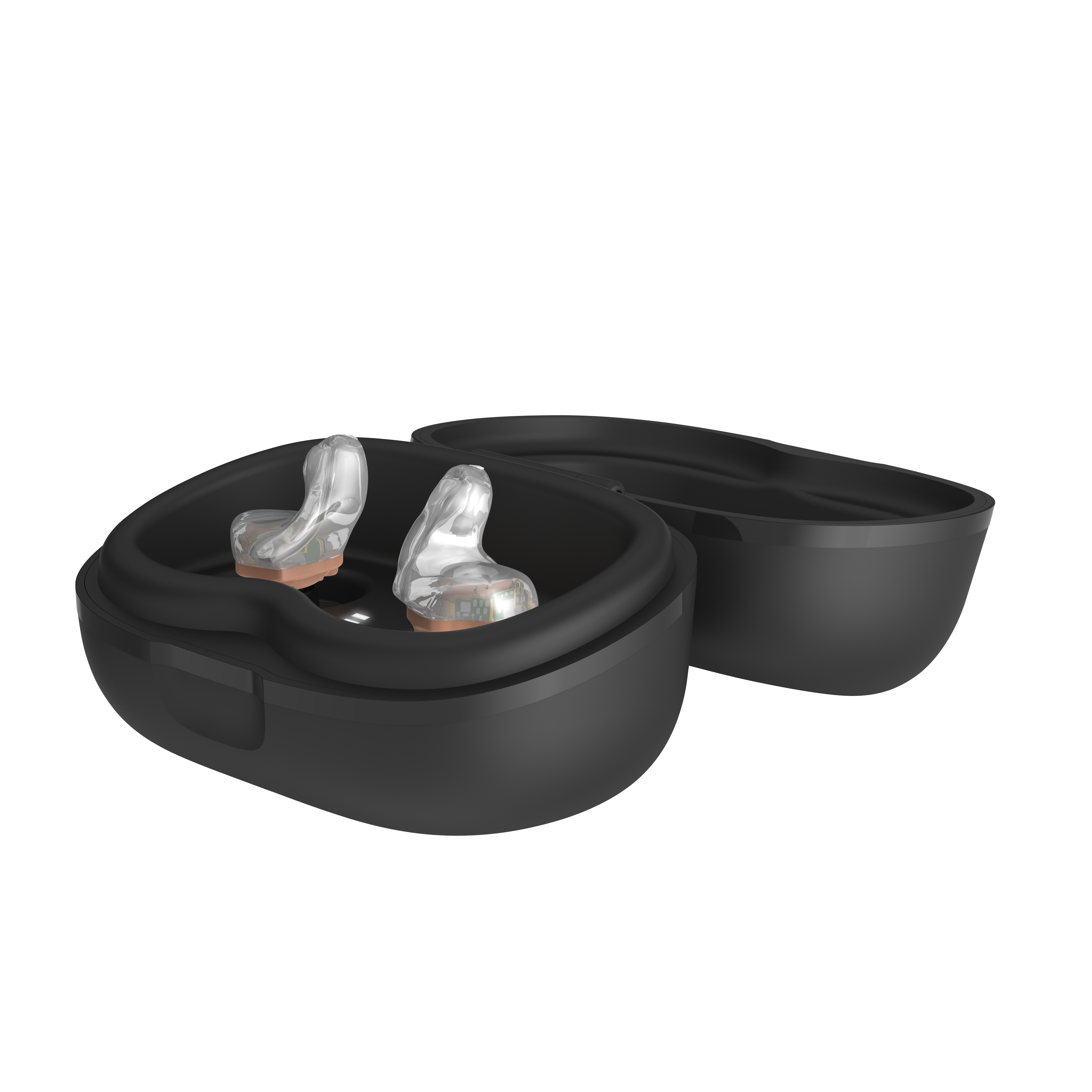 Starkey Omega AI 24 ITC R charging case with custom earmoulds